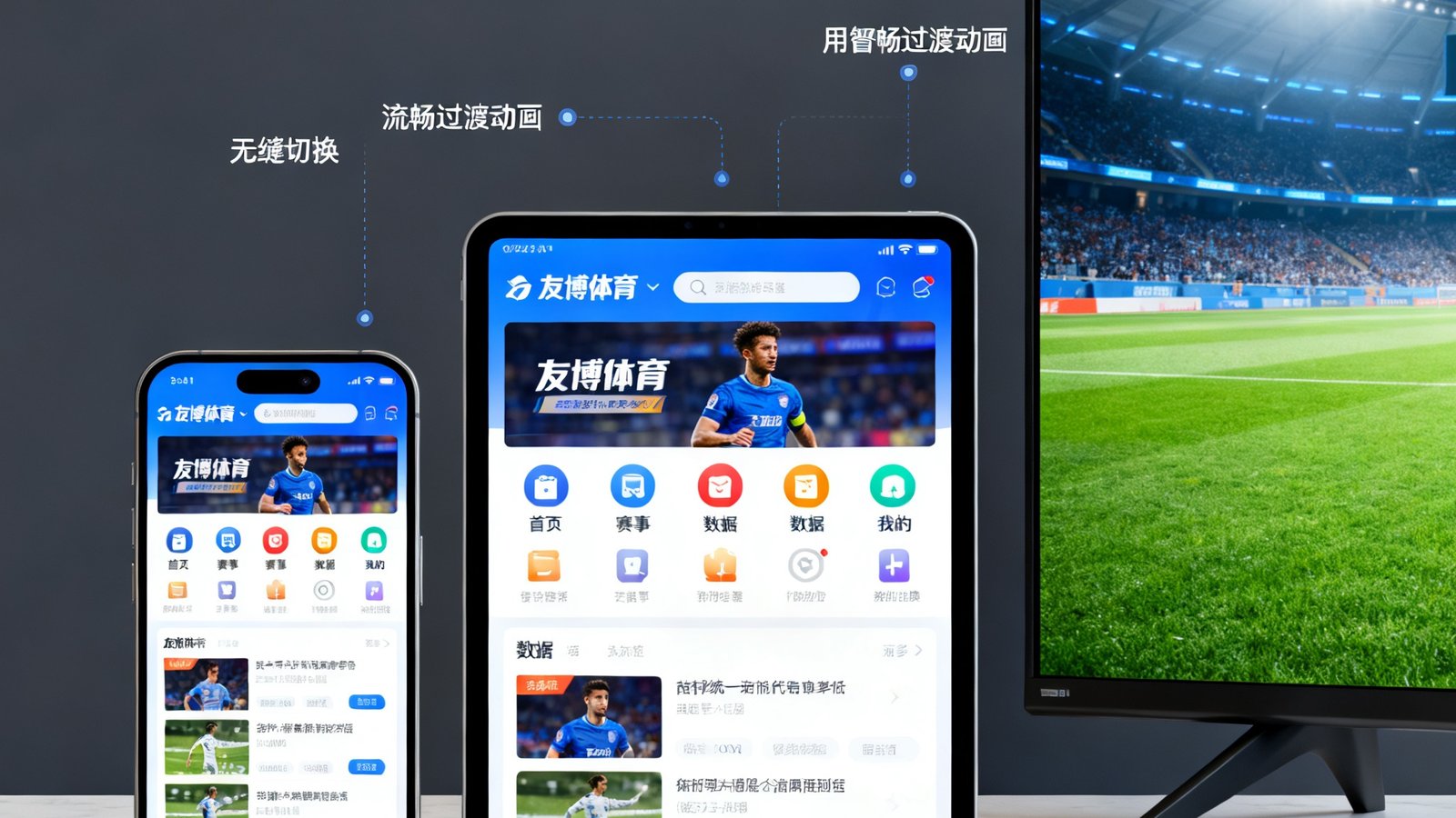 友博体育APP在智能手机、平板电脑和智能电视三种设备上的界面展示效果，体现多端覆盖和无缝切换的使用体验