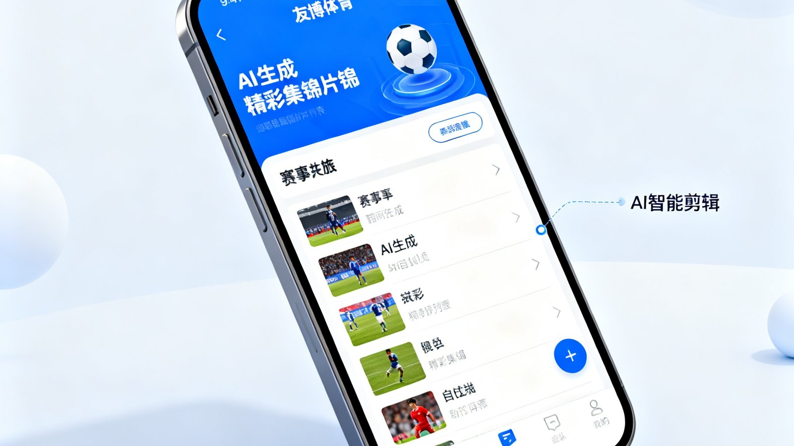 智能手机屏幕显示友博体育APP界面，展示赛事回放和AI自动生成的精彩集锦片段列表，体现AI智能剪辑功能