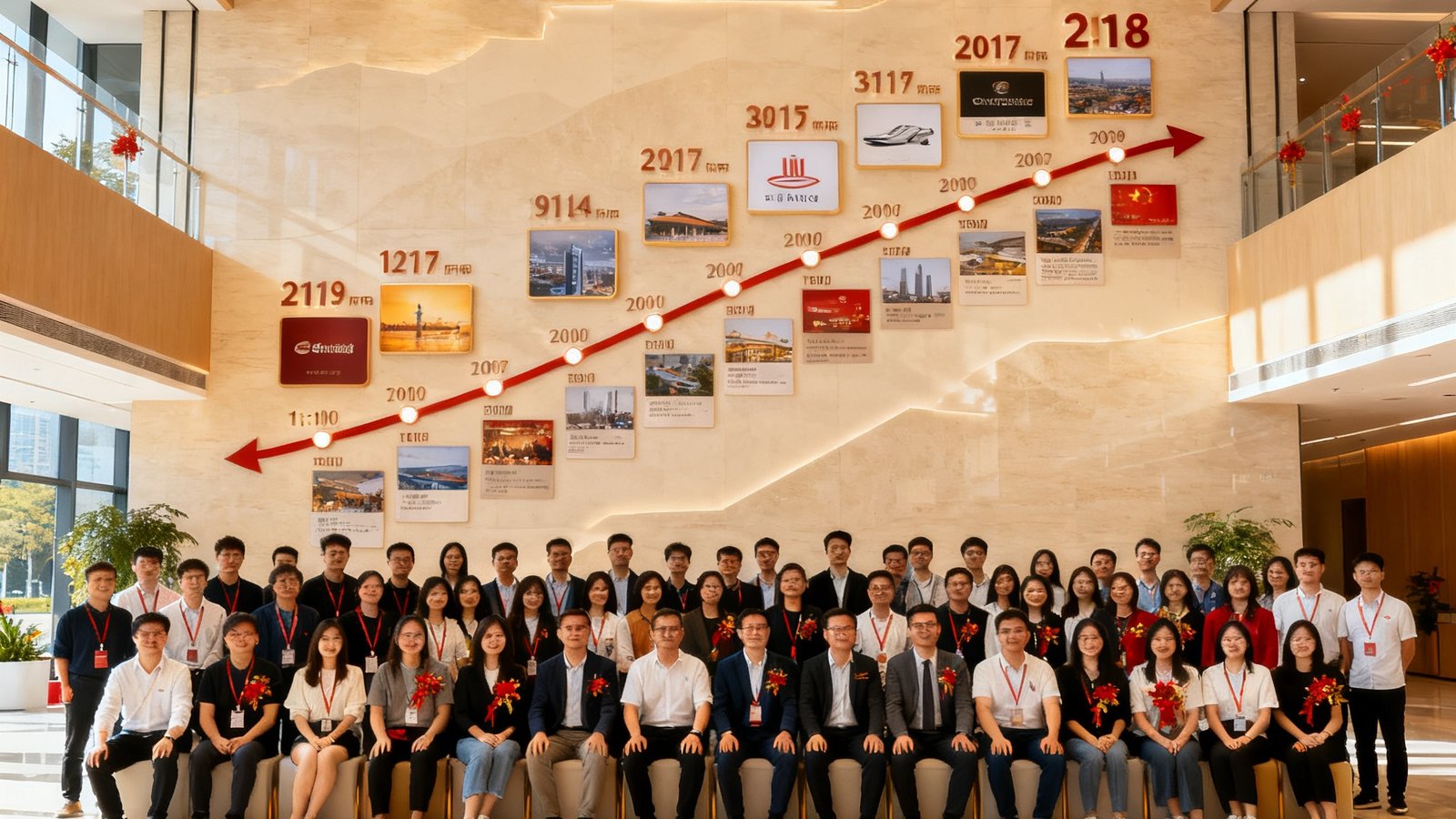友博体育八周年庆祝活动现场，218名团队成员在深圳总部大堂合影留念，背景是展示品牌发展历程的大型时间线墙面装置
